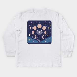 Quirky Moon Phase Cat Kids Long Sleeve T-Shirt